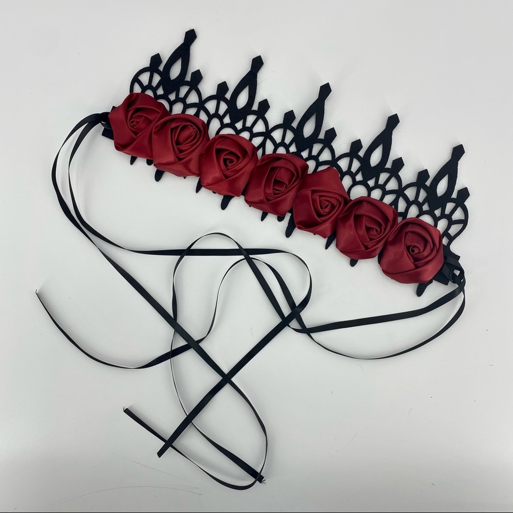 Midnight Rose Gothic Crown – Ornate Black Lace & Crimson Satin Rose Headband - Picture 11 of 11